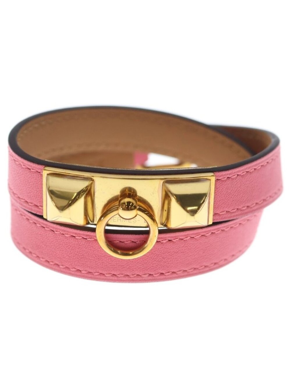Hermes Rival Double Tour Studs Bracelet Pink Brown Leather Swift Gold